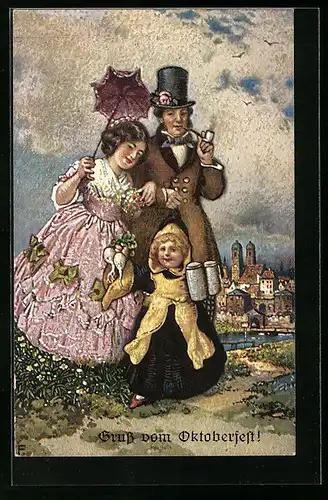 Künstler-AK München, Ehepaar und Münchner Kindl mit Rettich und Bierkrügen