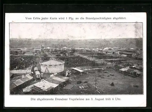 AK Die abgebrannte Dresdener Vogelwiese am 3. August früh um 6 Uhr