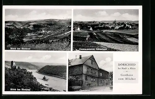 AK Dörscheid, Gasthaus zum Blücher, Gute Weine, anerkannt gute Küche, Pension, Rheintal