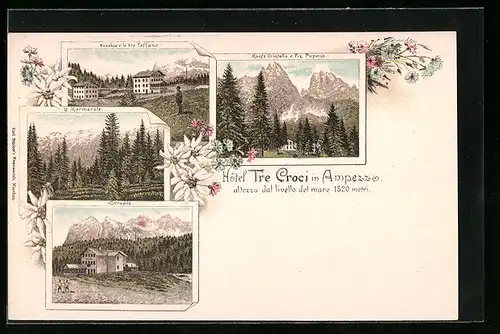 Lithographie Cortina, Hotel Tre Croci, Monte Cristallo e Piz Popena, Le Marmarole, Nuvalau e le tre Toffane