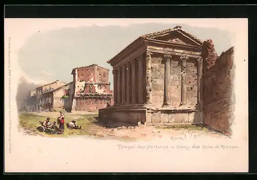 Lithographie Roma, Tempel der Fortuna und Haus des Cola di Rienzo
