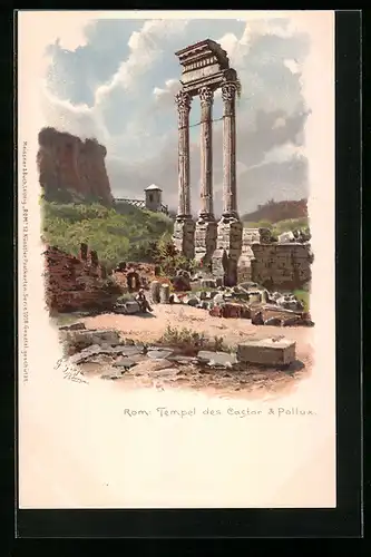 Lithographie Rom, Tempel des Castor & Pollux