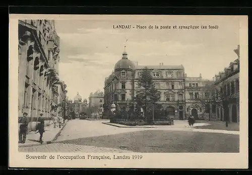 AK Landau, Place de la poste et synagogue, 1919