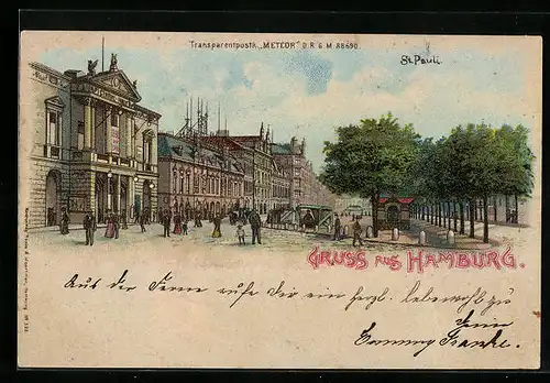 Lithographie Hamburg-St. Pauli, Strassenpartie mit Marktstand und Blick in Allee, Tänzerin, Halt gegen das Licht