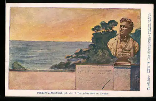 Künstler-AK Philipp + Kramer Nr. XXVII /8: Büste des Komponisten Pietro Mascagni, Blick aufs Meer