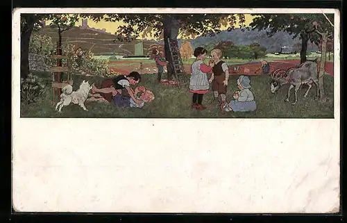 Künstler-AK Gertrud Caspari: Herbstfreude, Kinder spielen im Obstgarten