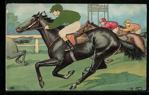 Künstler-AK Arthur Thiele: Jockeys auf Pferden bei einem Rennen, Trikot aus Echt-Stoff