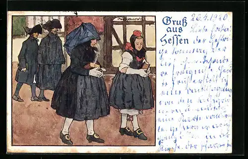 Künstler-AK Otto Ubbelohde: Damen in hessischer Tracht