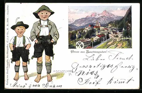 Künstler-AK P. O. Engelhard (P.O.E.): Berchtesgaden, Jungen in Tracht, Totalansicht