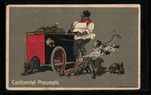 Künstler-AK Reklame für Continental Pneumatic, Motorrad mit Hunden