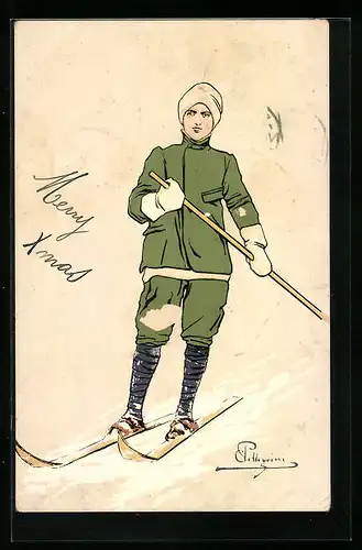Künstler-AK Carlo Pellegrini: Skifahrer in grünen Kleidern