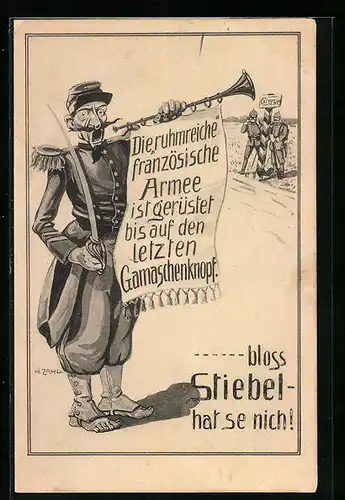 Künstler-AK H. Zahl: Propaganda 1. Weltkrieg über die Ausrüstung der Franzosen