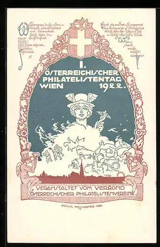 Künstler-AK sign. Ludwig Hesshaimer: Wien, Österreichischer Philatelistentag 1922, Mann mit Flügelhelm