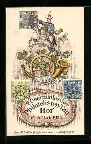 Künstler-AK Hof, 2. Oberfränkischer Philatelisten-Tag 12.-14.6.1924, Postreiter