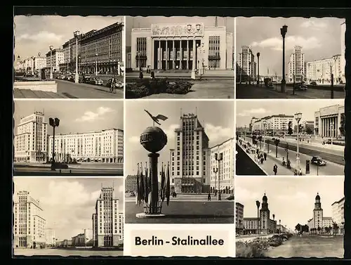AK Berlin, Stalinallee mit Passanten, Sporthalle, Denkmal