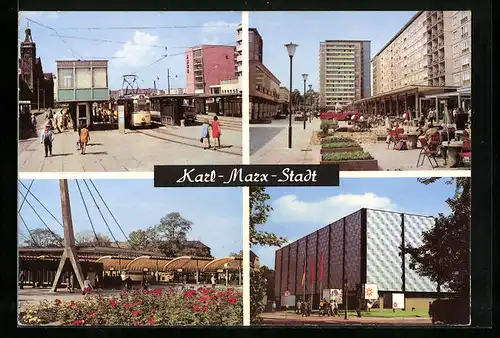 AK Karl-Marx-Stadt, Omnibusbahnhof, Ausstellungshallen am Schlossteich