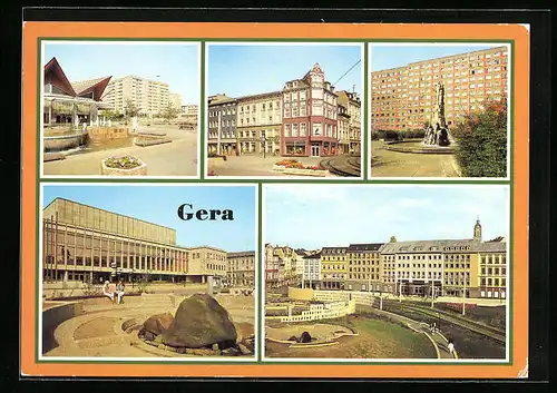 AK Gera, Am Cafe Rendezvous, Sonnenbrunnen, Haus der Kultur