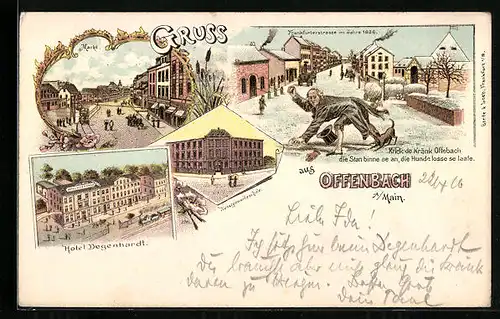 Lithographie Offenbach a. Main, Markt, Hotel Degenhardt, Kunstgewerbeschule, Frankfurterstrasse anno 1836