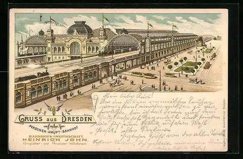 Lithographie Dresden, Personen-Haupt-Bahnhof aus der Vogelschau, Strassenbahn