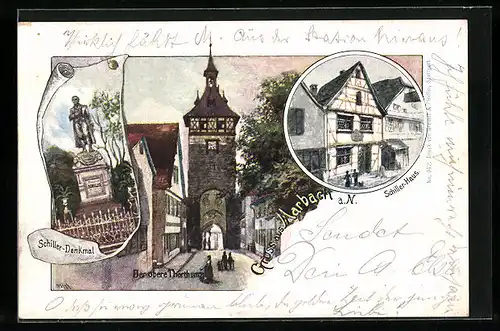 Lithographie Marbach a. N., Schiller-Haus, oberer Thorthurm, Schiller-Denkmal