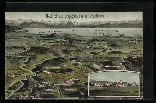 Künstler-AK Eugen Felle: Neukirch, Ortsansicht mit Umgebung aus der Vogelschau