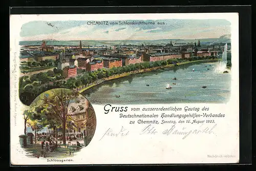 Lithographie Chemnitz, Ortsansicht vom Schlosskirchenthurme aus, Schlossgarten