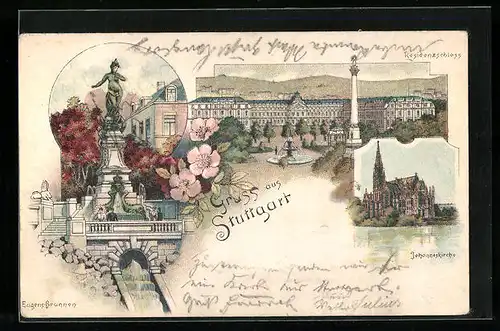 Lithographie Stuttgart, Eugens-Brunnen, Residenzschloss, Johanneskirche