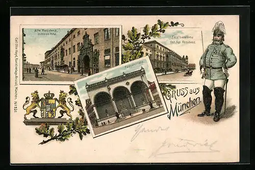 Lithographie München, Alte Residenz, Festsaalbau der Kgl. Residenz, Feldherrnhalle, Soldat