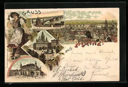 Lithographie Mainz, Neue Strassenbrücke, Dom u. Gutenberg-Denkmal, Stadthalle, Tracht