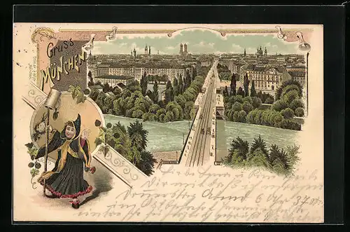 Lithographie München, Ortsansicht aus der Vogelschau, Münchner Kindl