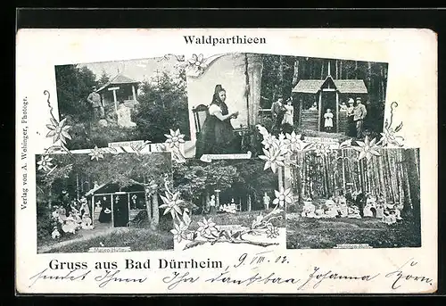 AK Bad Dürrheim, Waldparthieen, Amalien-Hütte, Helenen-Ruh, Marien-Hütte