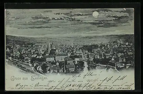 Mondschein-AK Esslingen, Ortsansicht aus der Vogelschau