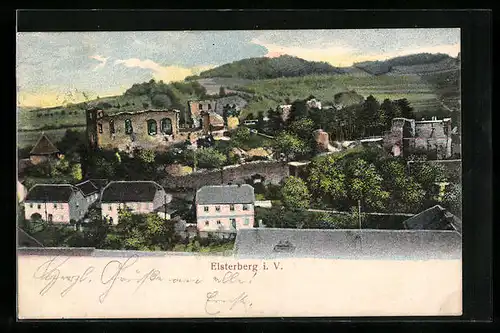 AK Elsterberg i. V., Ortspartie mit Ruine