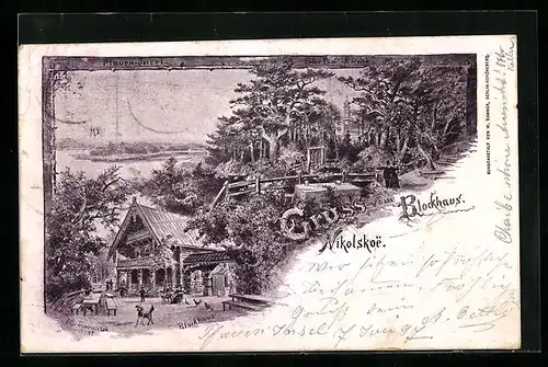 Lithographie Wannsee, Gaststätte Blockhaus Nikolskoe, Pfauen-Insel