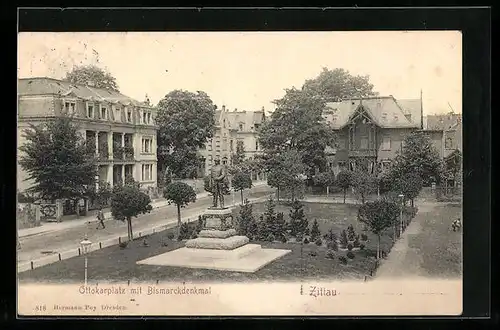 AK Zittau, Ottokarplatz mit Bismarckdenkmal