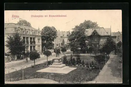 AK Zittau, Ottokarplatz mit Bismarckdenkmal