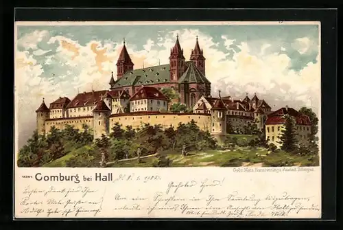 Lithographie Comburg bei Hall, Blick auf die Burg