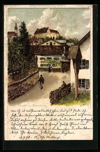 Lithographie Starnberg, Ortsansicht mit Kirche