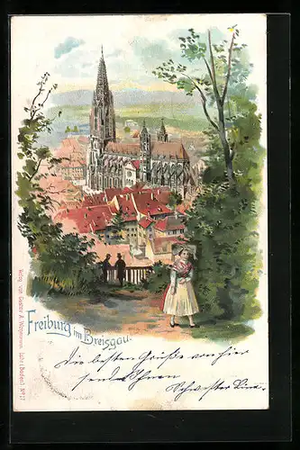 Lithographie Freiburg im Breisgau, Ortsansicht mit Kirche
