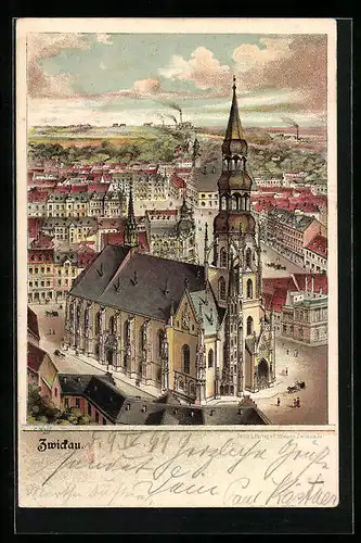 Lithographie Zwickau, Ortsansicht mit Kirche