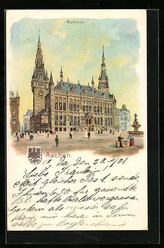 Lithographie Aachen, Rathaus mit Brunnen