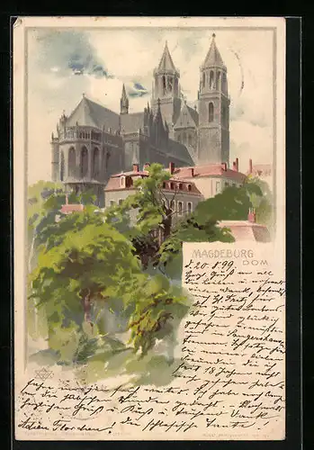 Lithographie Magdeburg, Ortspartie mit Dom