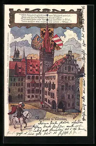 Lithographie Nürnberg, Rathaus und Wappen