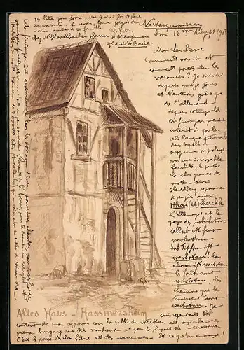 Lithographie Hassmersheim, Blick auf altes Haus