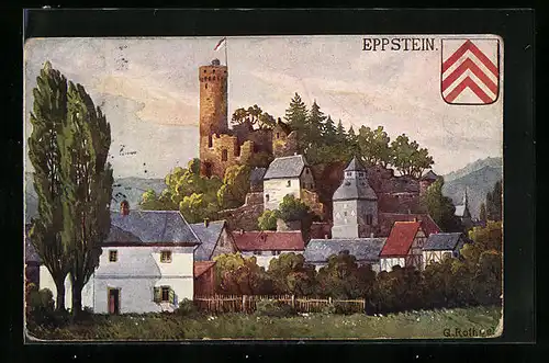 Künstler-AK Eppstein, Burgruine m. besteigbarem Turm