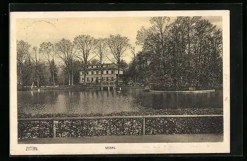 AK Zittau, Gasthaus Weinau von der anderen Seite des Wassers gesehen