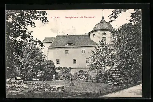 AK Zittau, Stadtgärtnerei mit Blumenuhr