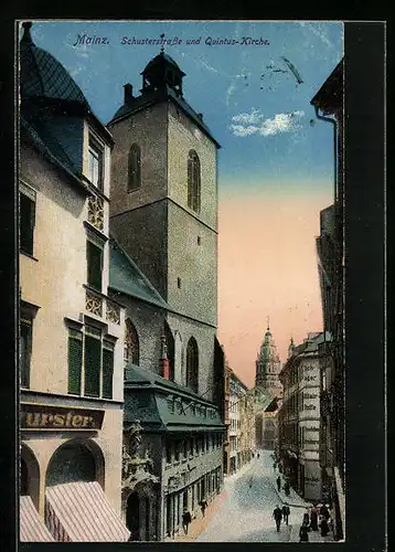 AK Mainz, Schusterstrasse mit Geschäft und Quintus-Kirche