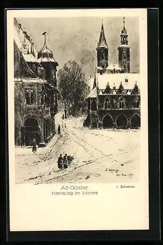 Künstler-AK Alt-Goslar, Marktplatz mit Kirche im Schnee