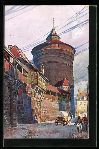 Künstler-AK Nürnberg, Partie am Spittlertor mit Planwagen